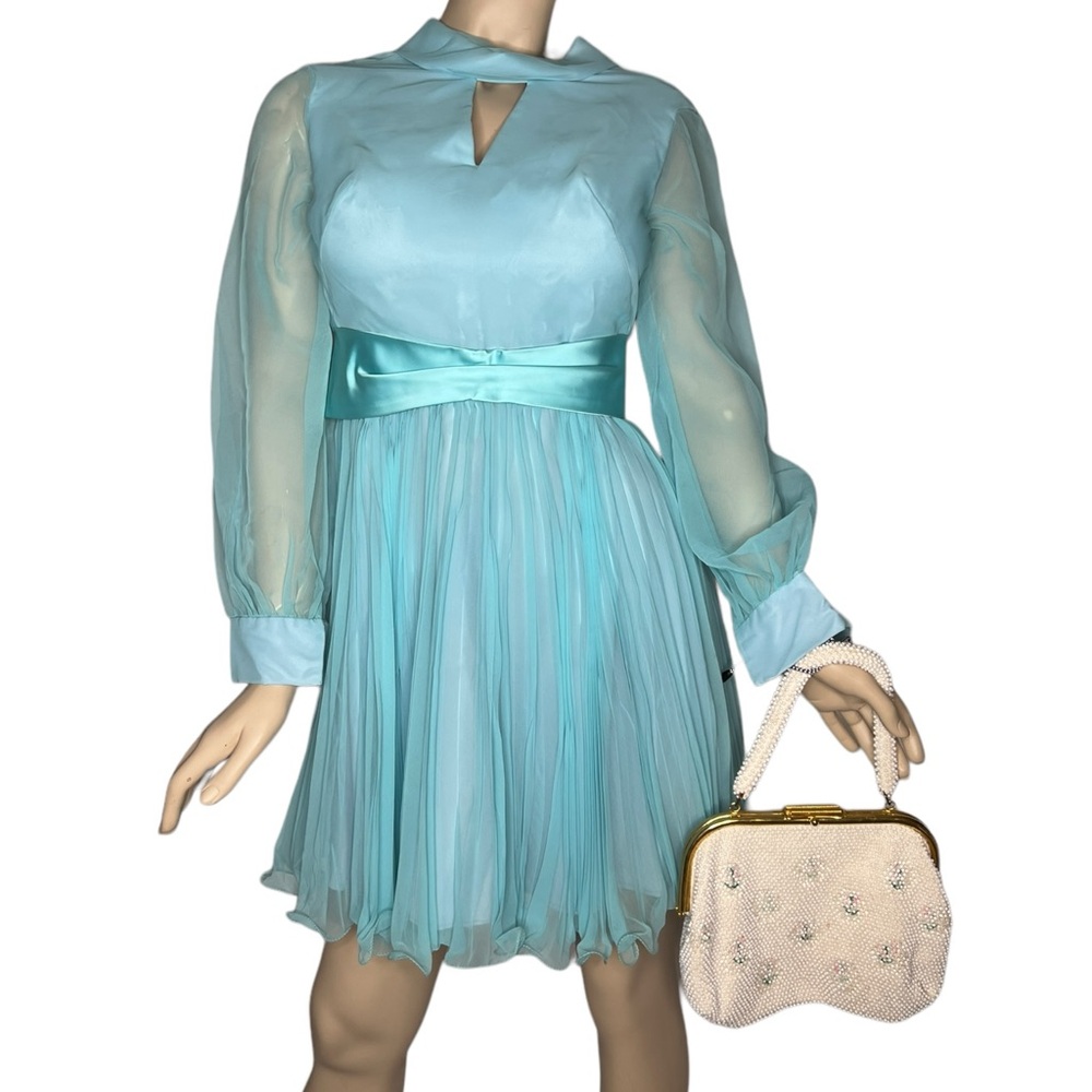 Vintage Baby Blue Dress with Sheer Sleeves and Sash Belt